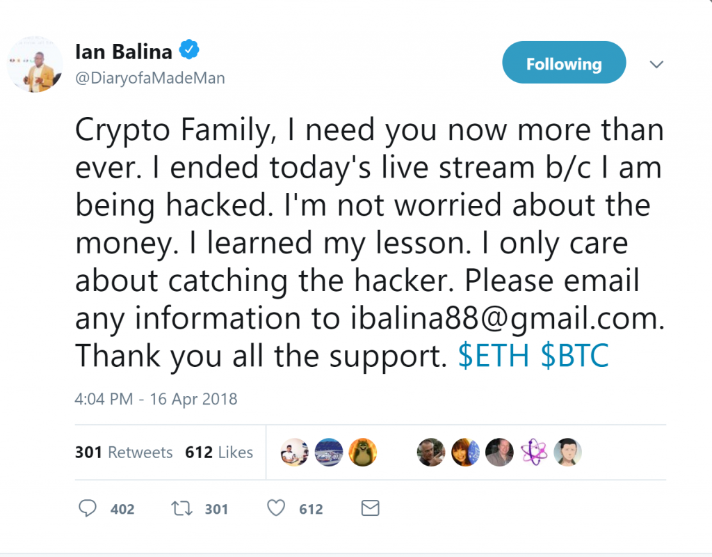 Ian Balina Tweets Attack