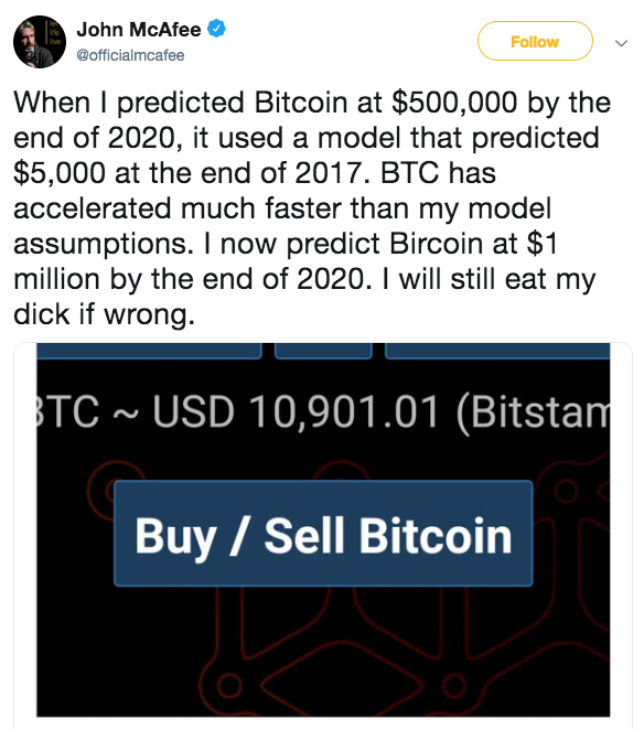 The prediction of Bitcoin price from John McAfee