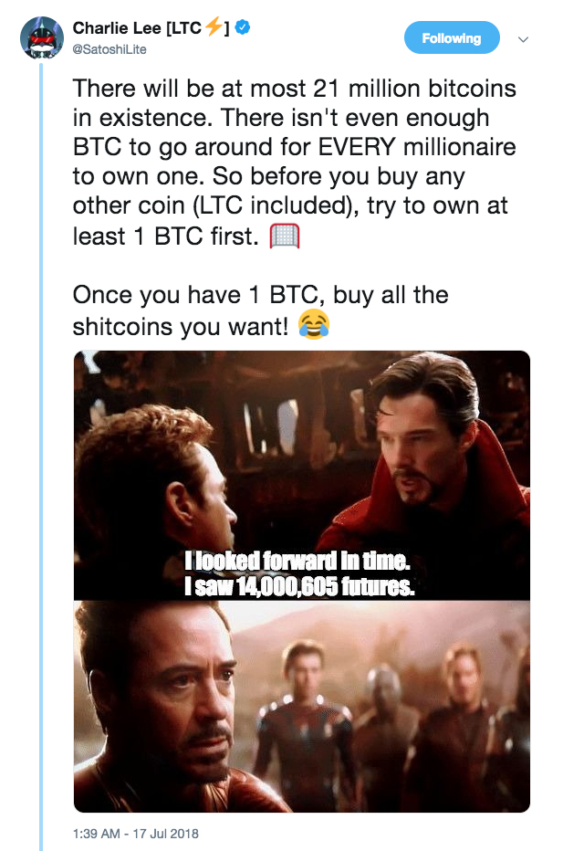 The tweet of Charlie Lee talking about purchase Bitcoin before buying all the other coins